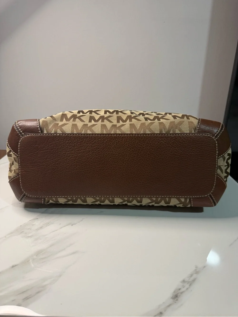Michael Kors Tan Beige MK Signature Tote with Brown Trim